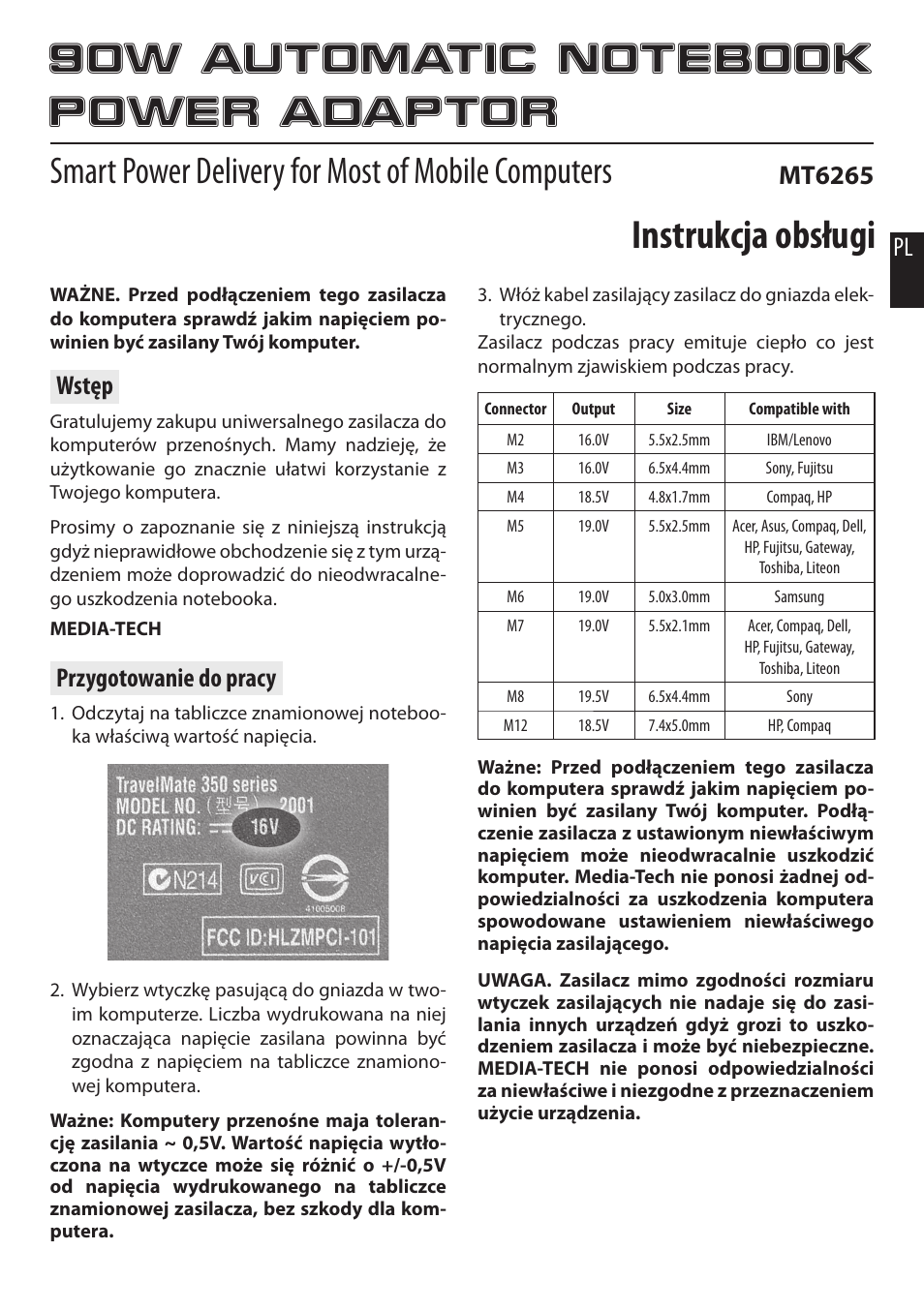 Instrukcja obsługi, Smart power delivery for most of mobile computers, Wstęp | Przygotowanie do pracy, Mt6265 | Media-Tech 90W AUTOMATIC NOTEBOOK POWER ADAPTOR User Manual | Page 2 / 8