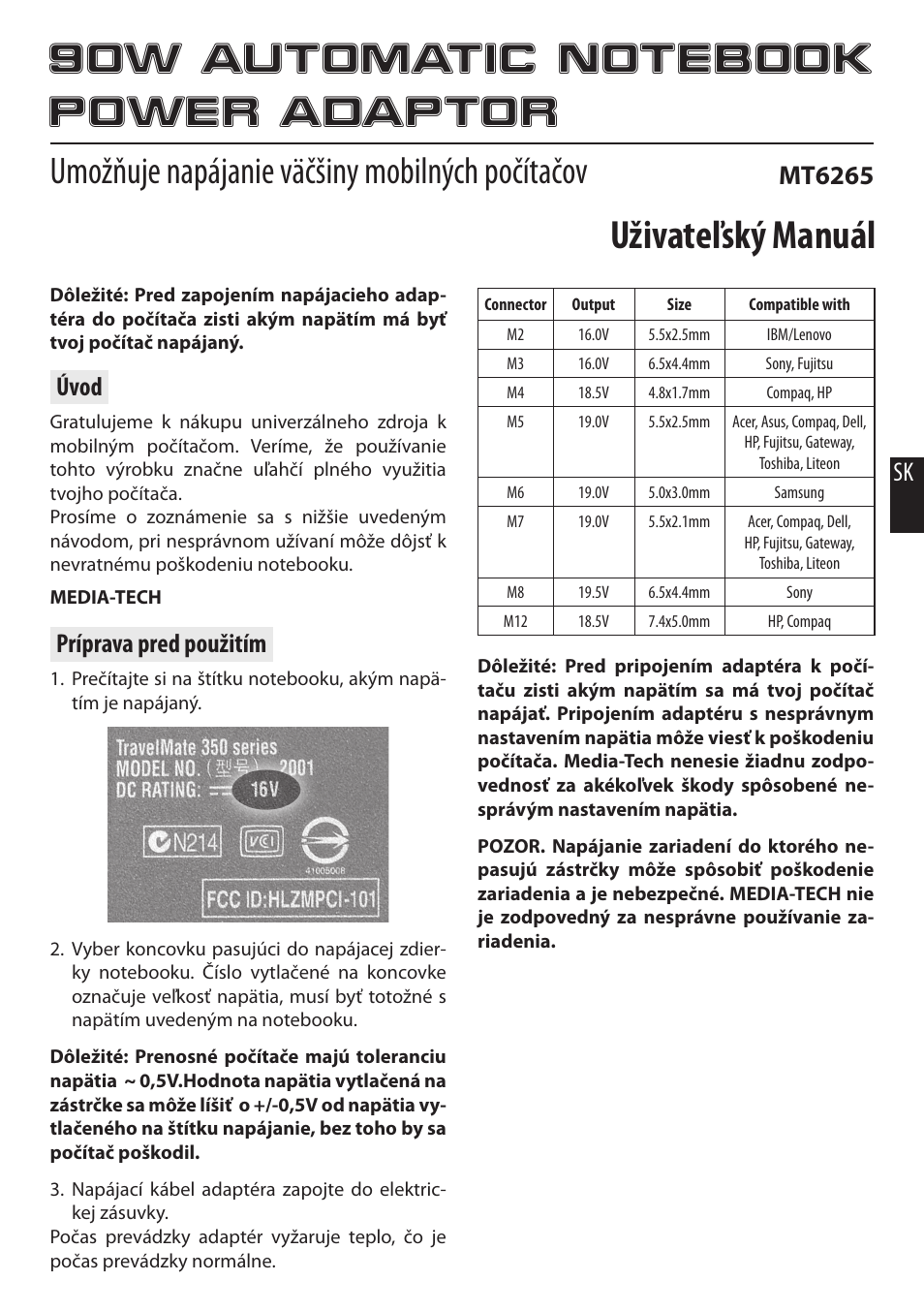 Uživateľský manuál, Umožňuje napájanie väčšiny mobilných počítačov, Úvod | Príprava pred použitím, Mt6265 | Media-Tech 90W AUTOMATIC NOTEBOOK POWER ADAPTOR User Manual | Page 5 / 8