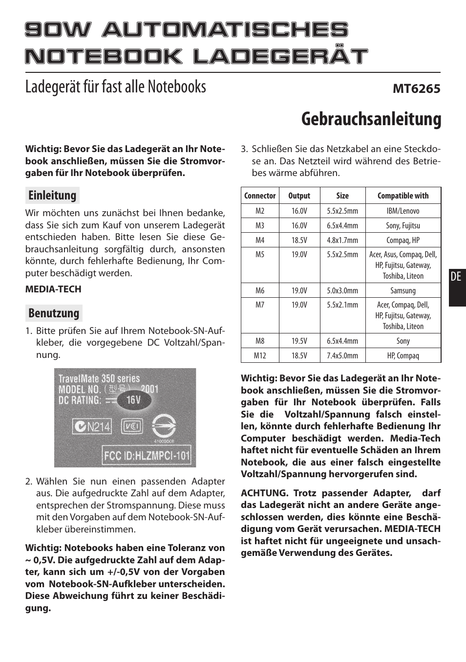 Gebrauchsanleitung, De einleitung, Benutzung | Mt6265 | Media-Tech 90W AUTOMATIC NOTEBOOK POWER ADAPTOR User Manual | Page 6 / 8