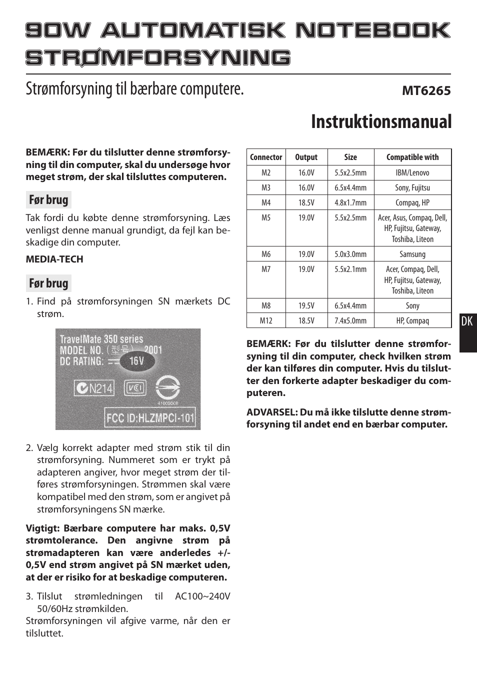 Instruktionsmanual, Strømforsyning til bærbare computere, Dk før brug | Før brug, Mt6265 | Media-Tech 90W AUTOMATIC NOTEBOOK POWER ADAPTOR User Manual | Page 7 / 8