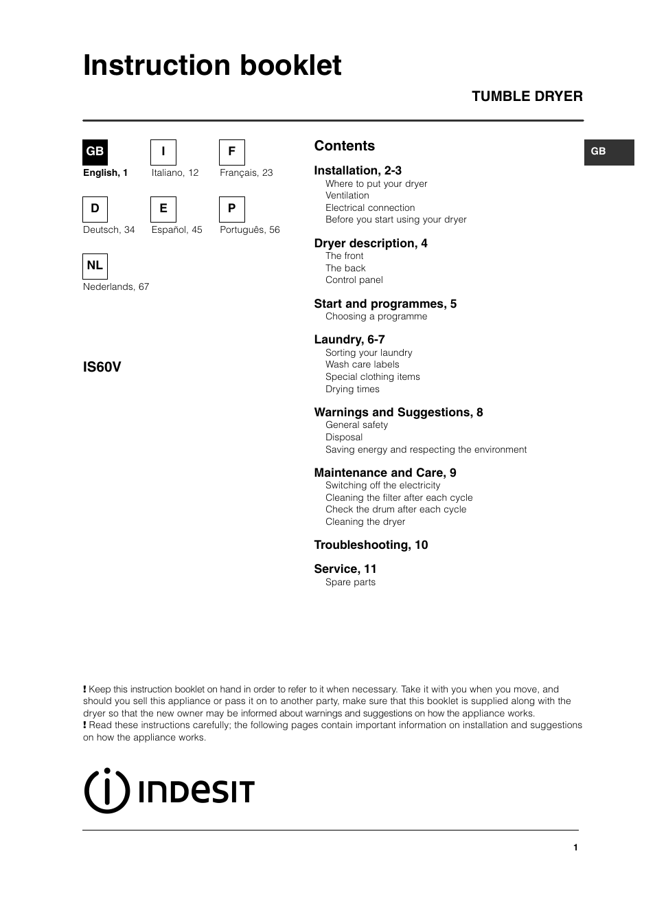 Indesit IS 60 V User Manual | 80 pages