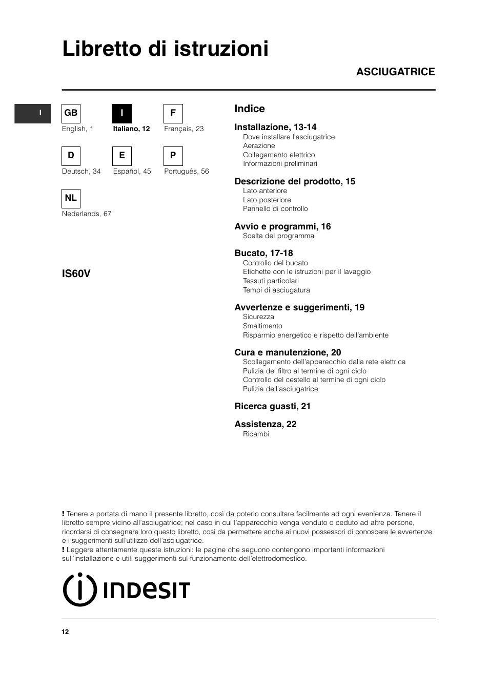 Libretto di istruzioni, Indice asciugatrice is60v | Indesit IS 60 V User Manual | Page 12 / 80