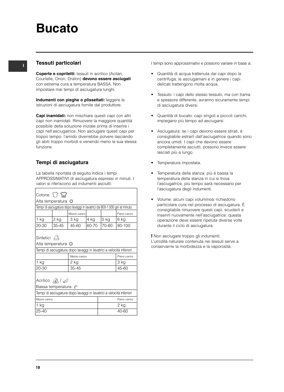 Bucato, Tessuti particolari, Tempi di asciugatura | Indesit IS 60 V User Manual | Page 18 / 80