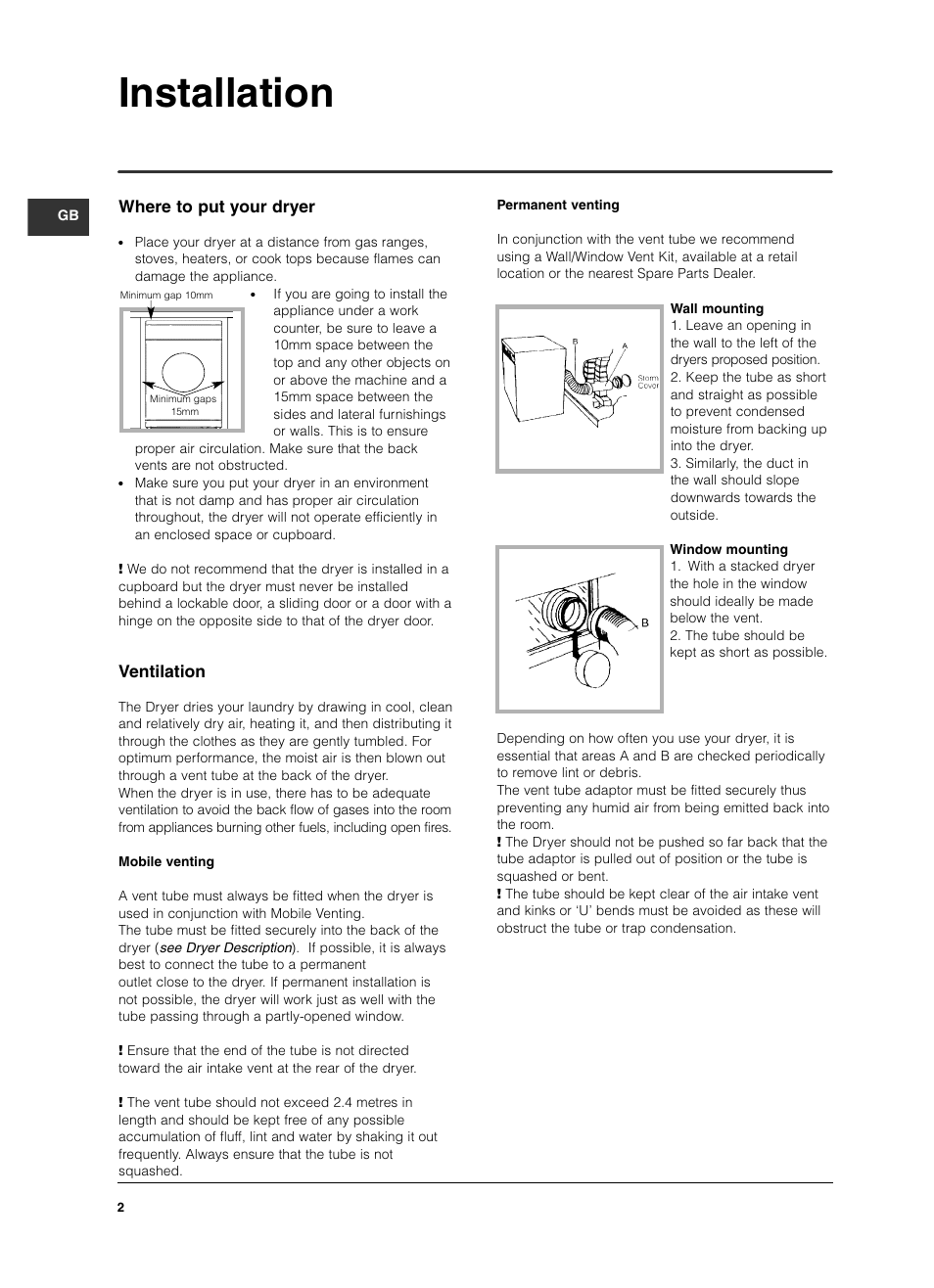 Installation, Where to put your dryer, Ventilation | Indesit IS 60 V User Manual | Page 2 / 80