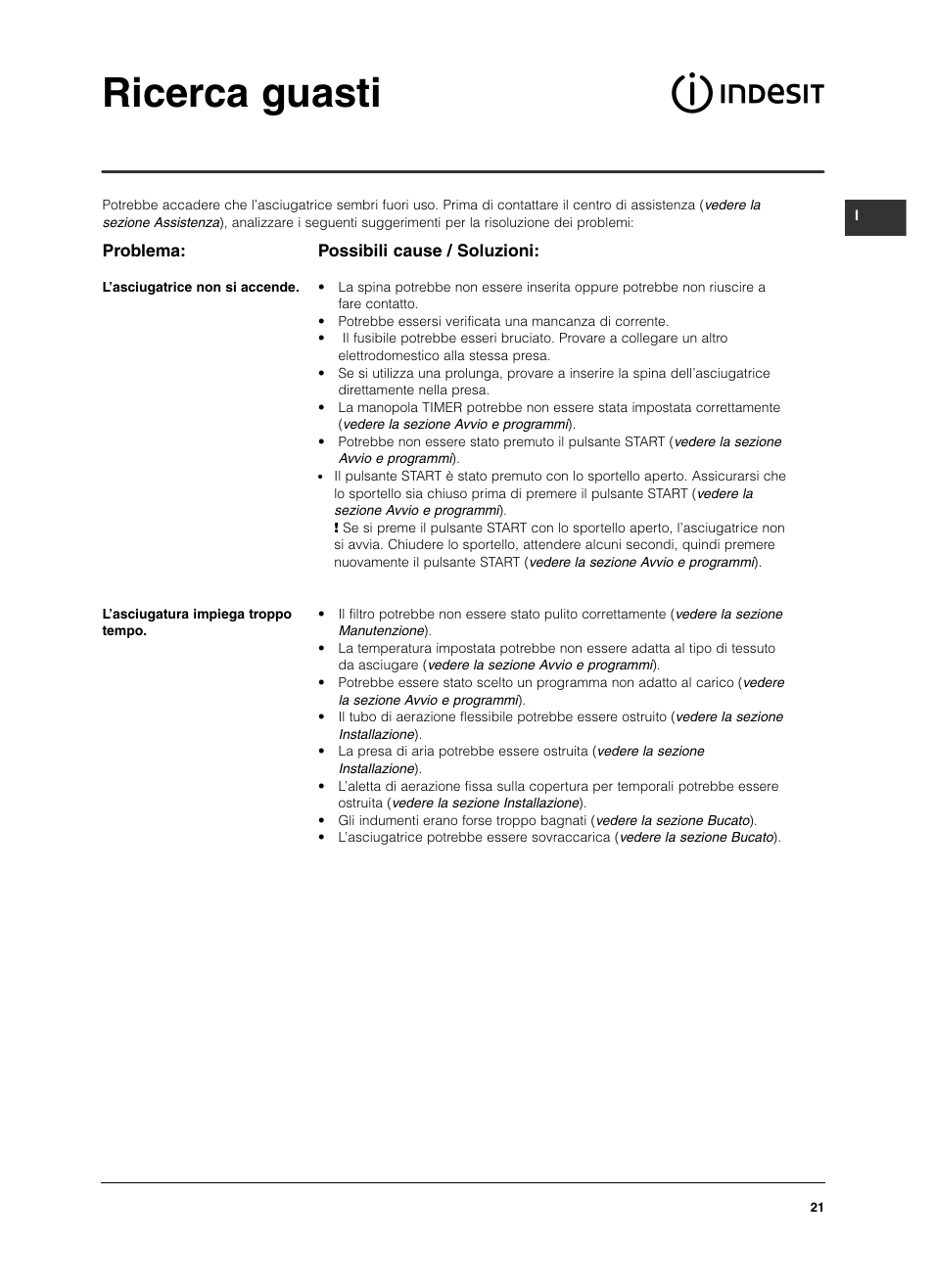 Ricerca guasti, Problema, Possibili cause / soluzioni | Indesit IS 60 V User Manual | Page 21 / 80
