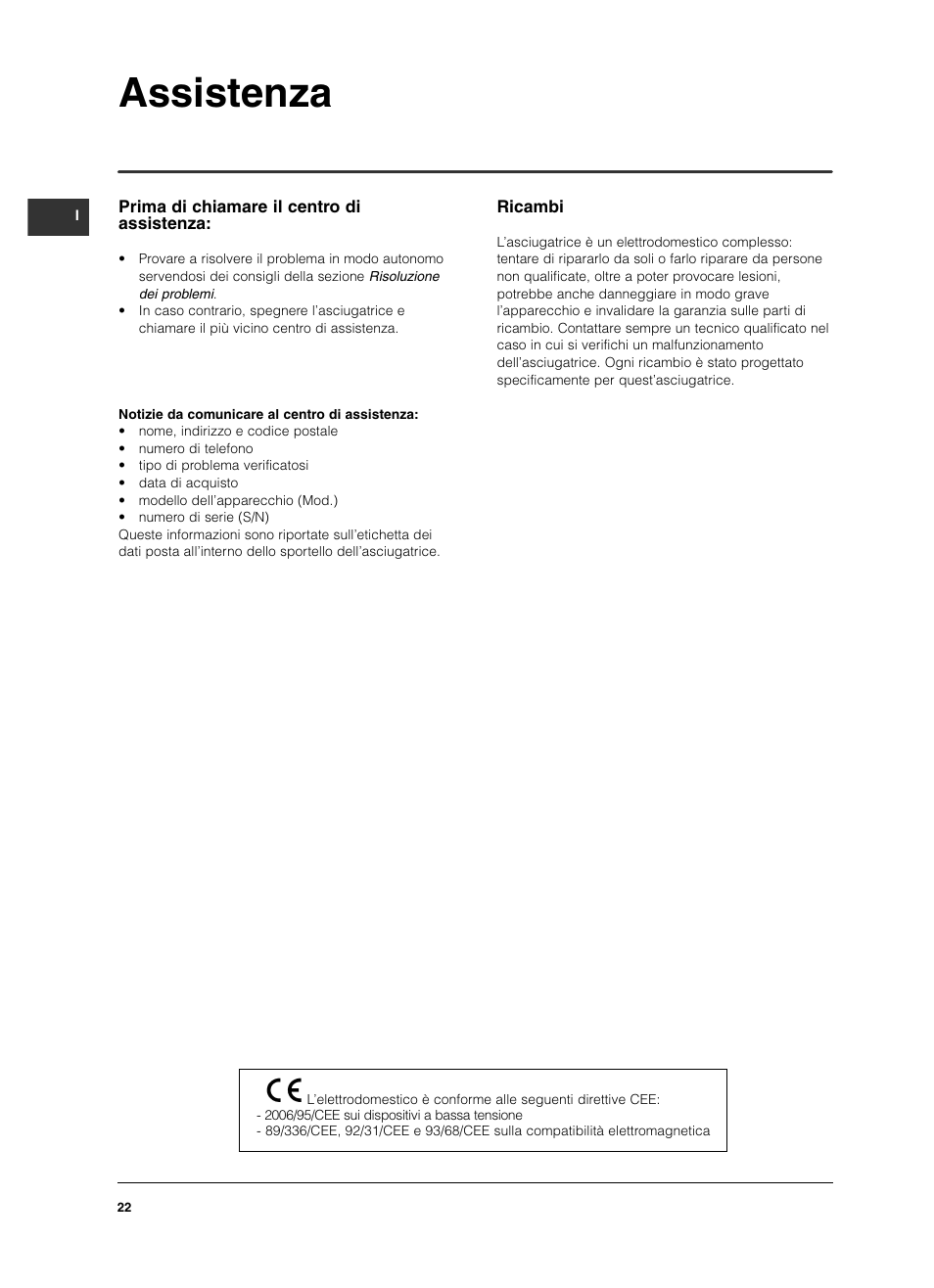 Assistenza | Indesit IS 60 V User Manual | Page 22 / 80