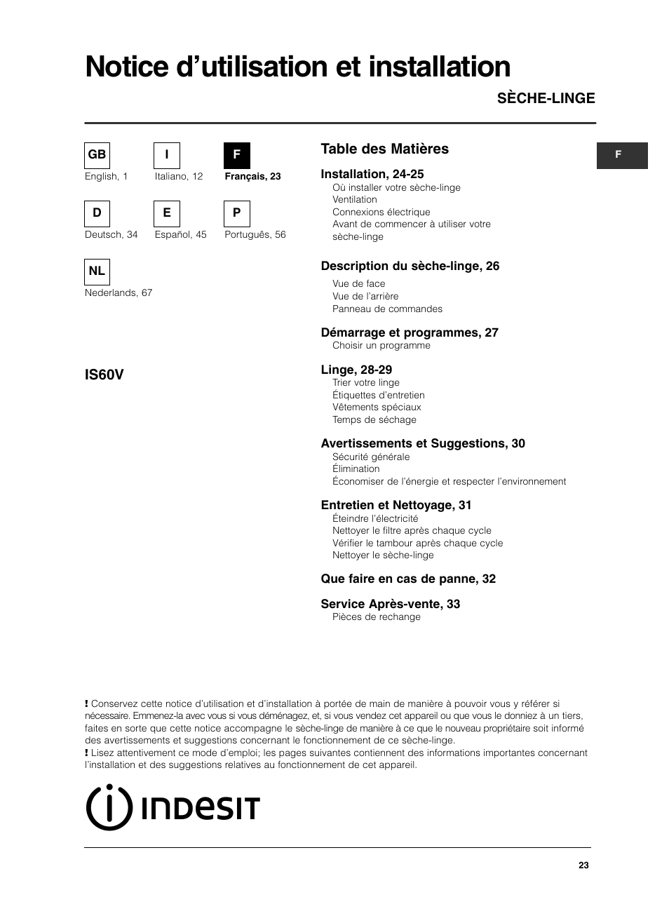 Indesit IS 60 V User Manual | Page 23 / 80