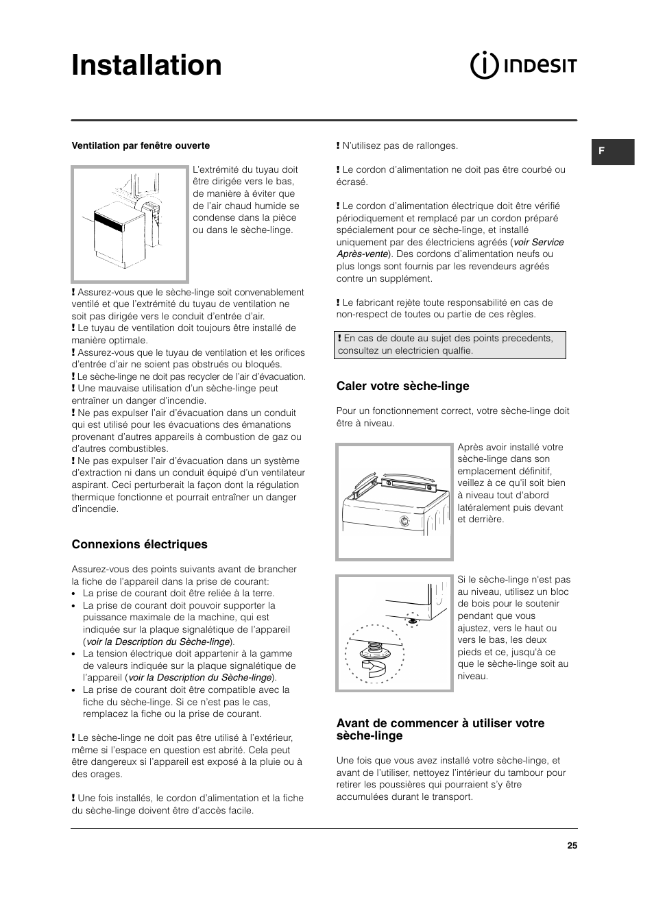 Installation, Caler votre sèche-linge, Avant de commencer à utiliser votre sèche-linge | Connexions électriques | Indesit IS 60 V User Manual | Page 25 / 80