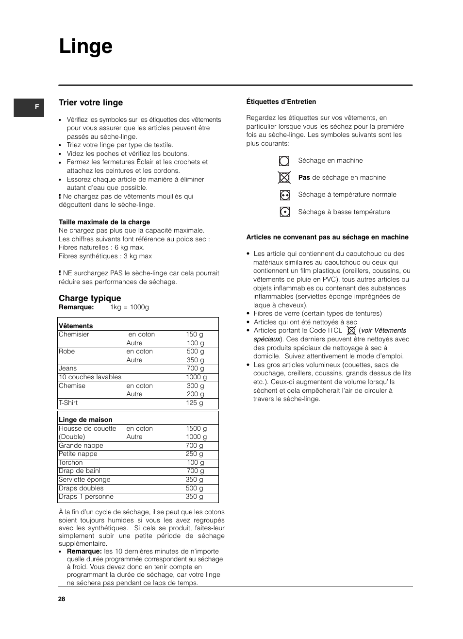 Linge, Trier votre linge, Charge typique | Indesit IS 60 V User Manual | Page 28 / 80