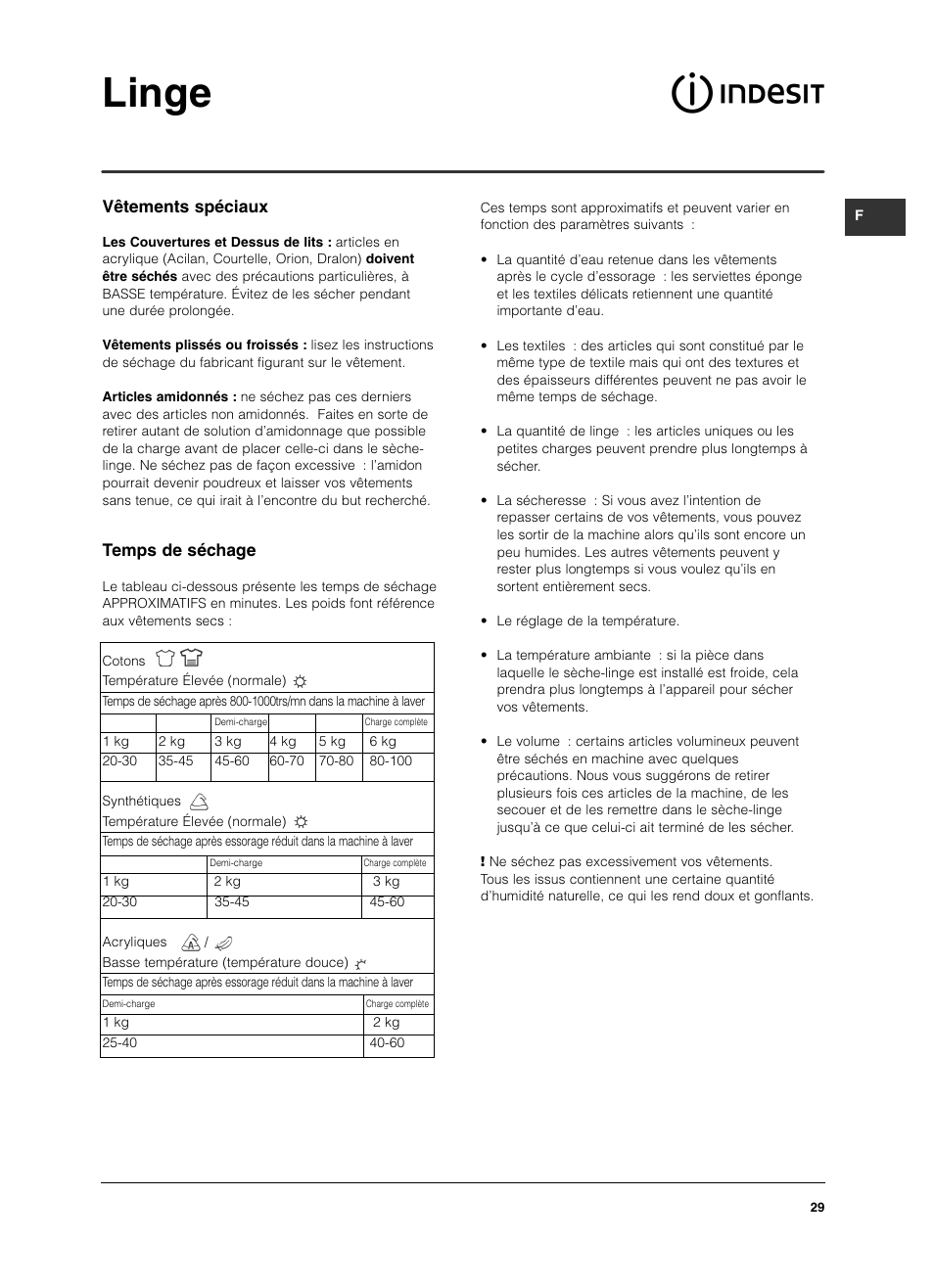 Linge, Vêtements spéciaux, Temps de séchage | Indesit IS 60 V User Manual | Page 29 / 80