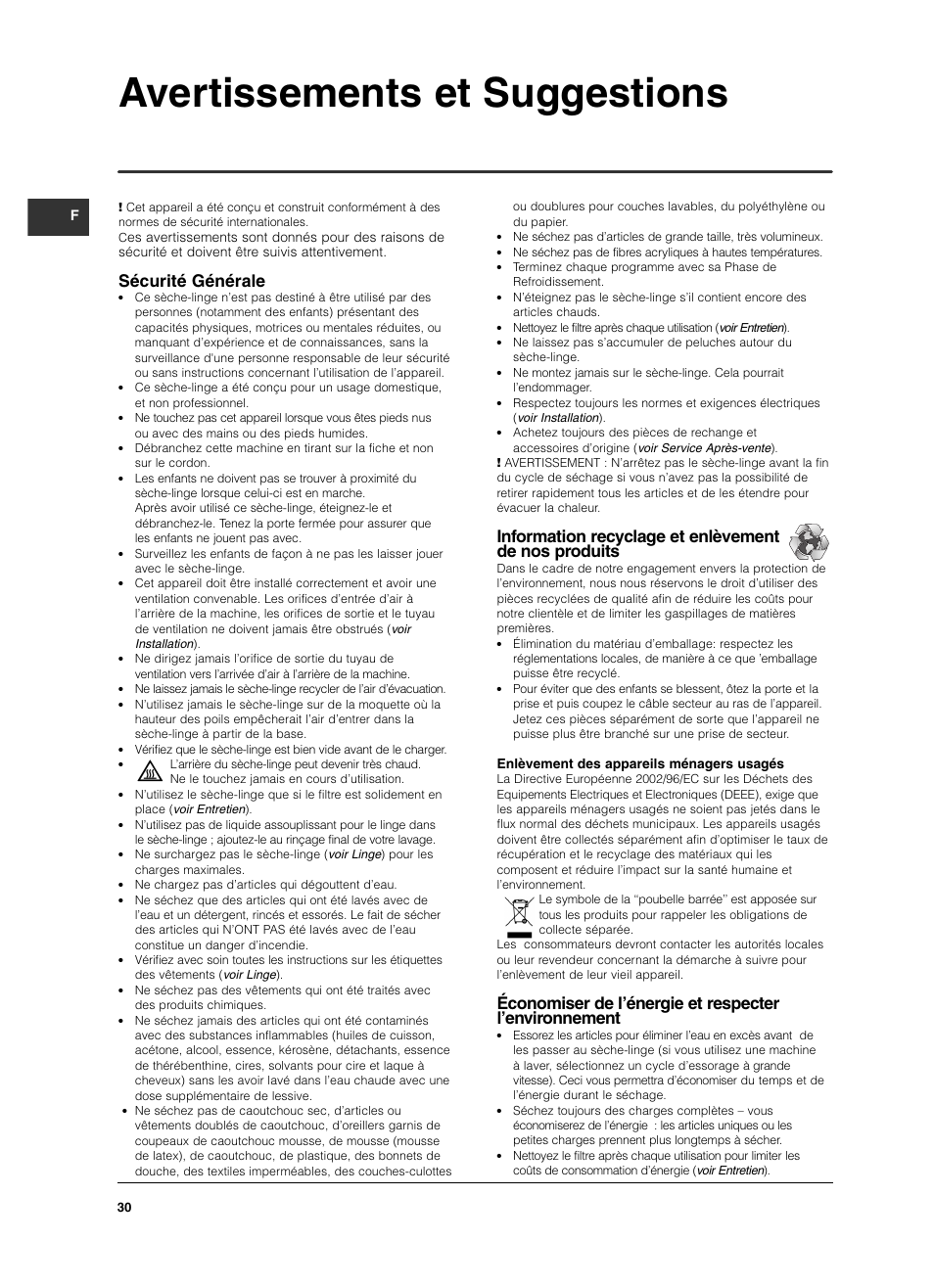 Avertissements et suggestions, Sécurité générale | Indesit IS 60 V User Manual | Page 30 / 80