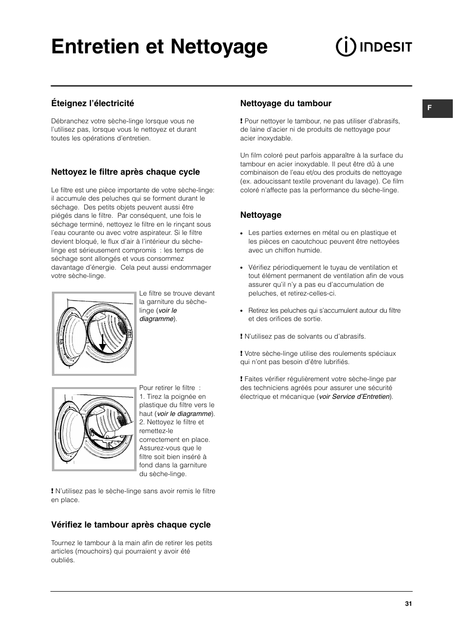 Entretien et nettoyage | Indesit IS 60 V User Manual | Page 31 / 80