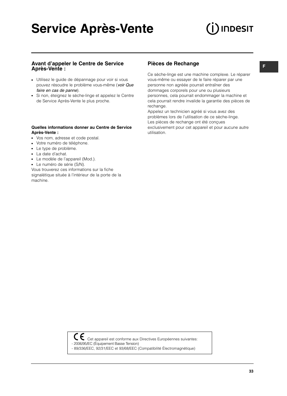 Service après-vente, Pièces de rechange, Avant d’appeler le centre de service après-vente | Indesit IS 60 V User Manual | Page 33 / 80