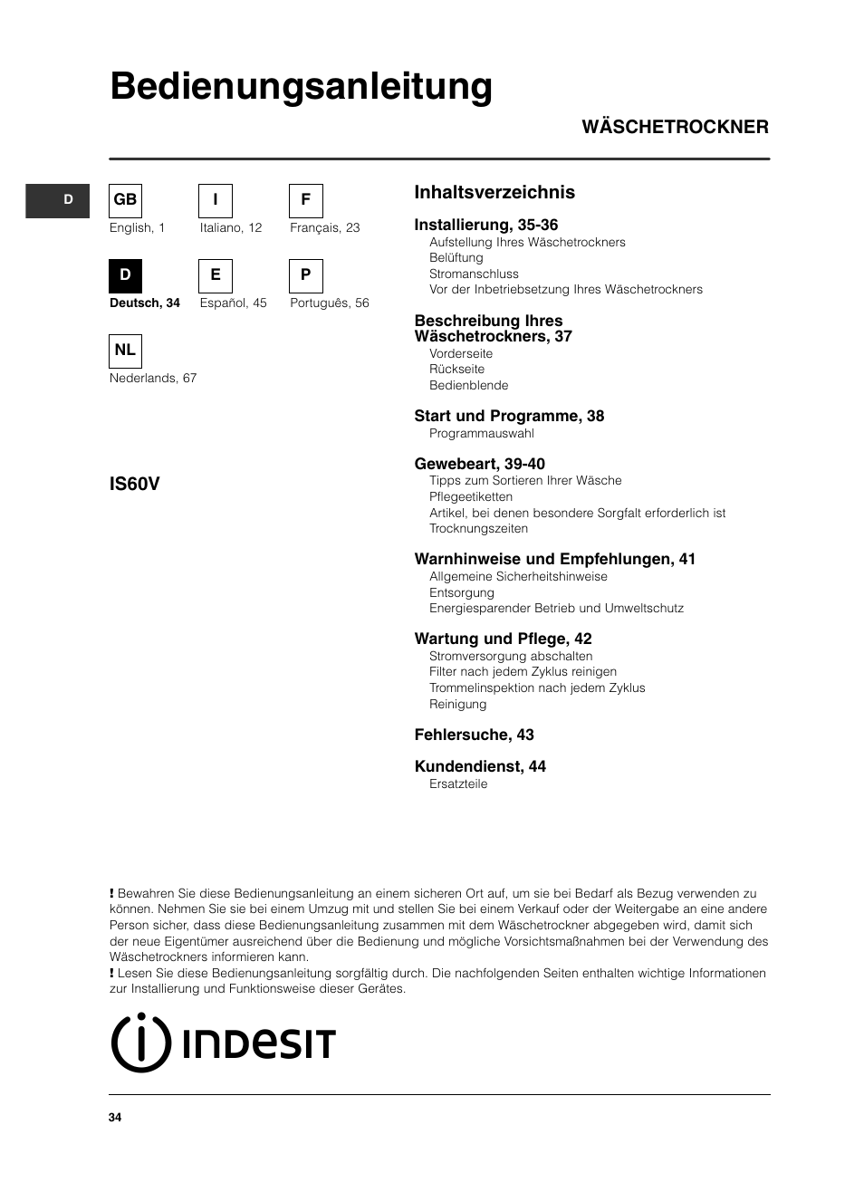Bedienungsanleitung, Inhaltsverzeichnis wäschetrockner is60v | Indesit IS 60 V User Manual | Page 34 / 80