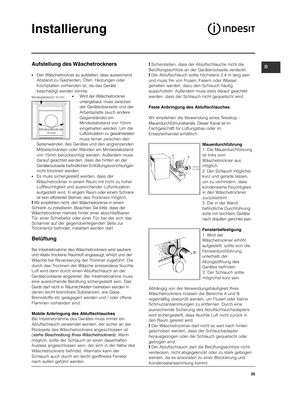 Installierung, Aufstellung des wäschetrockners, Belüftung | Indesit IS 60 V User Manual | Page 35 / 80