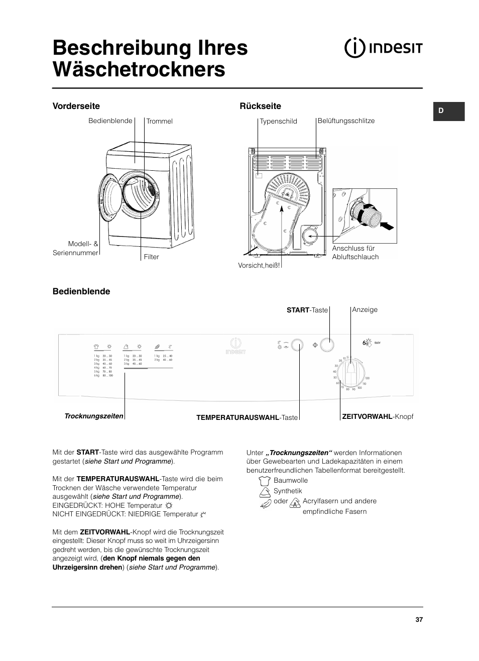 Beschreibung ihres wäschetrockners | Indesit IS 60 V User Manual | Page 37 / 80
