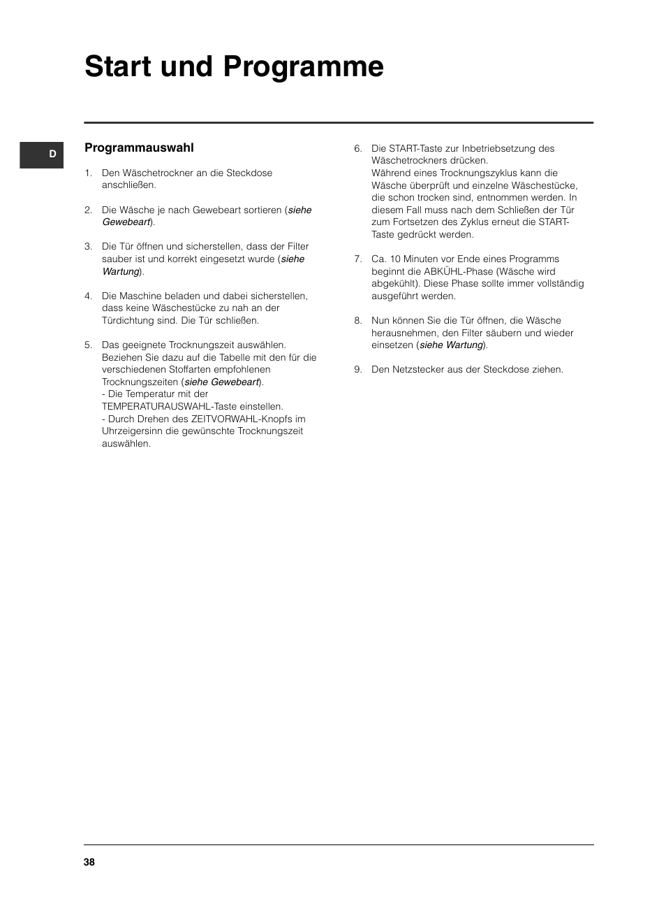 Start und programme | Indesit IS 60 V User Manual | Page 38 / 80