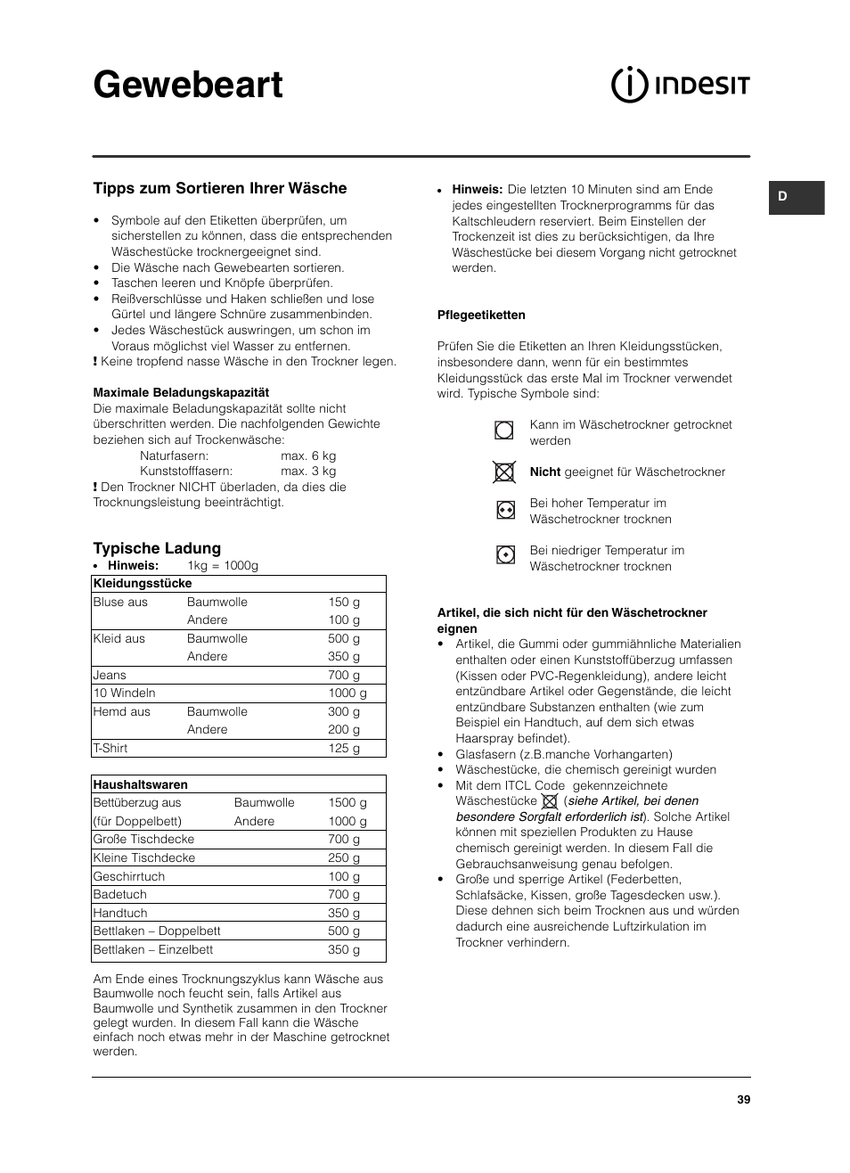 Gewebeart, Tipps zum sortieren ihrer wäsche, Typische ladung | Indesit IS 60 V User Manual | Page 39 / 80