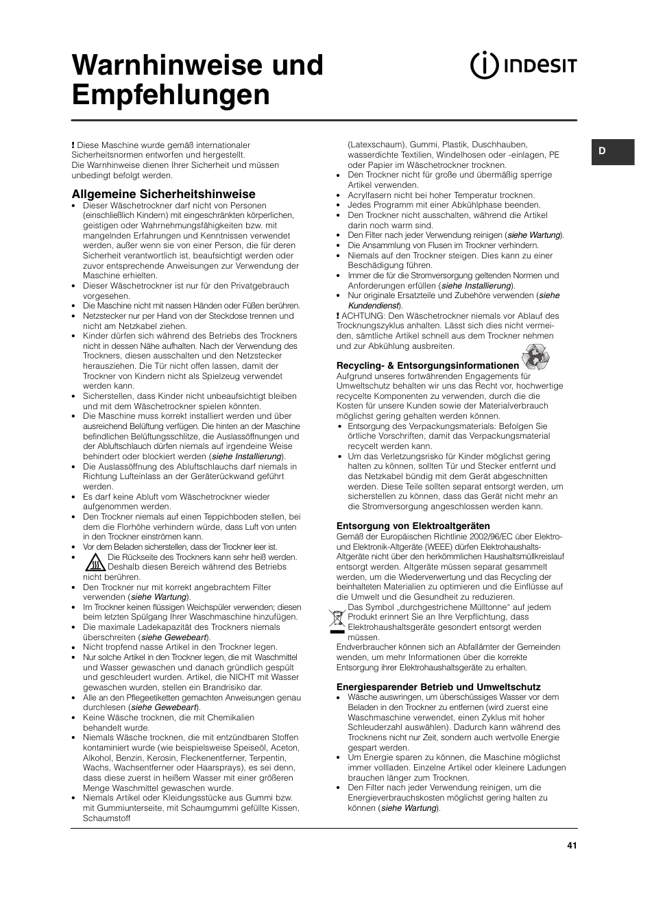 Warnhinweise und empfehlungen, Allgemeine sicherheitshinweise | Indesit IS 60 V User Manual | Page 41 / 80