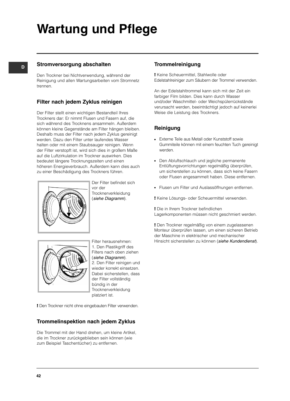 Wartung und pflege | Indesit IS 60 V User Manual | Page 42 / 80