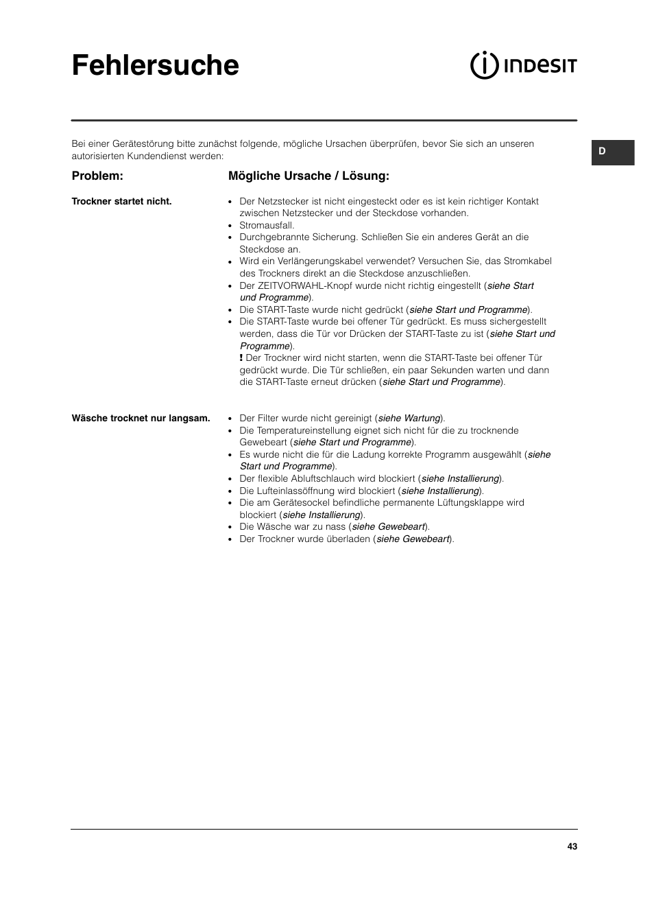 Fehlersuche, Problem, Mögliche ursache / lösung | Indesit IS 60 V User Manual | Page 43 / 80