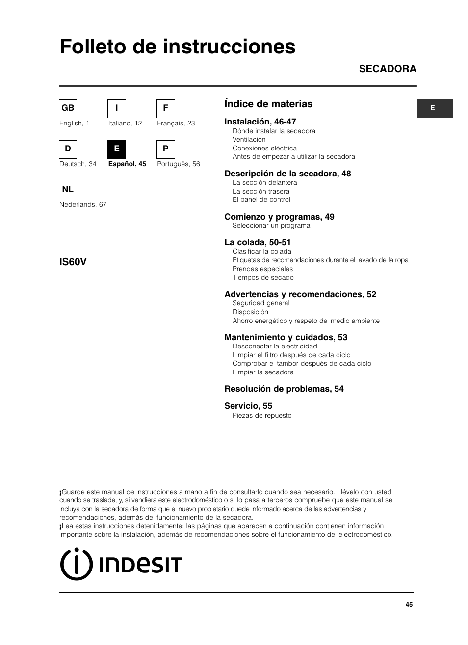 Folleto de instrucciones, Índice de materias secadora is60v | Indesit IS 60 V User Manual | Page 45 / 80