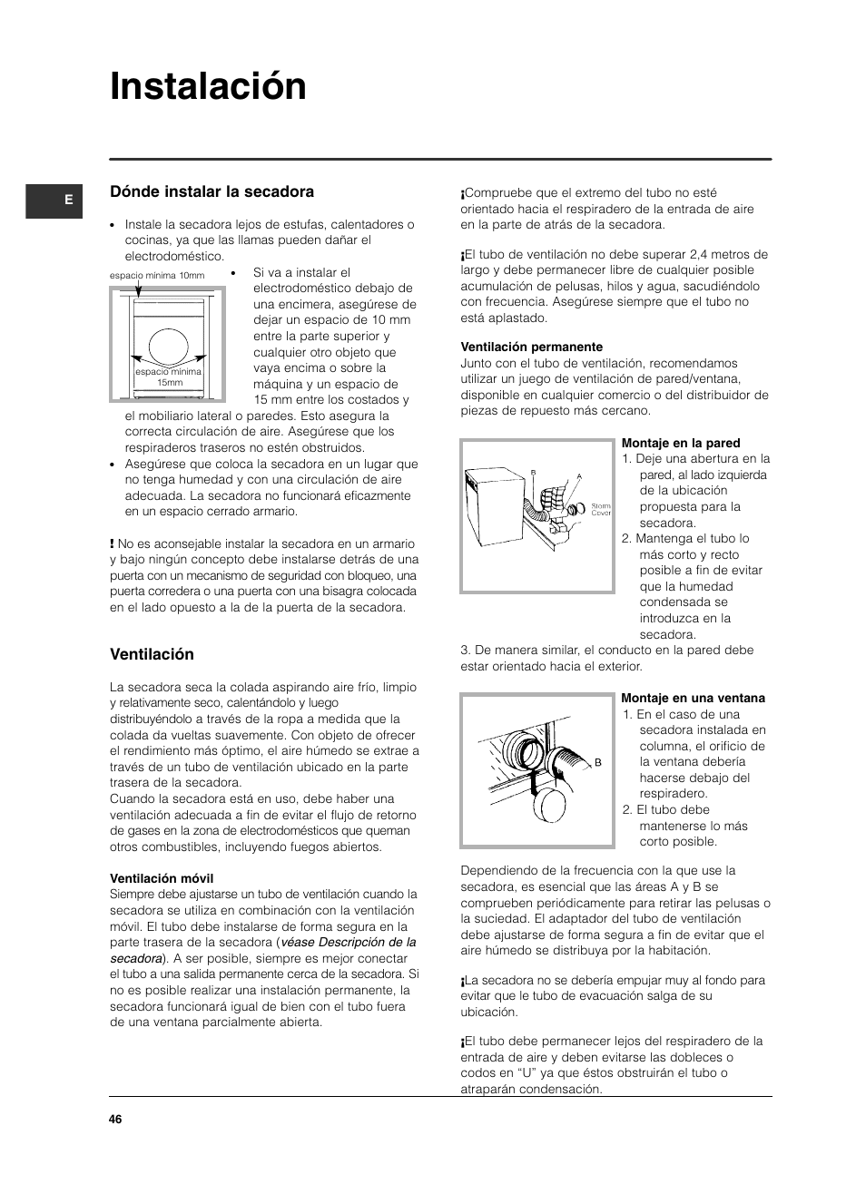 Instalación, Dónde instalar la secadora, Ventilación | Indesit IS 60 V User Manual | Page 46 / 80
