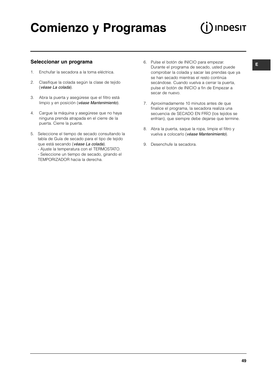 Comienzo y programas | Indesit IS 60 V User Manual | Page 49 / 80