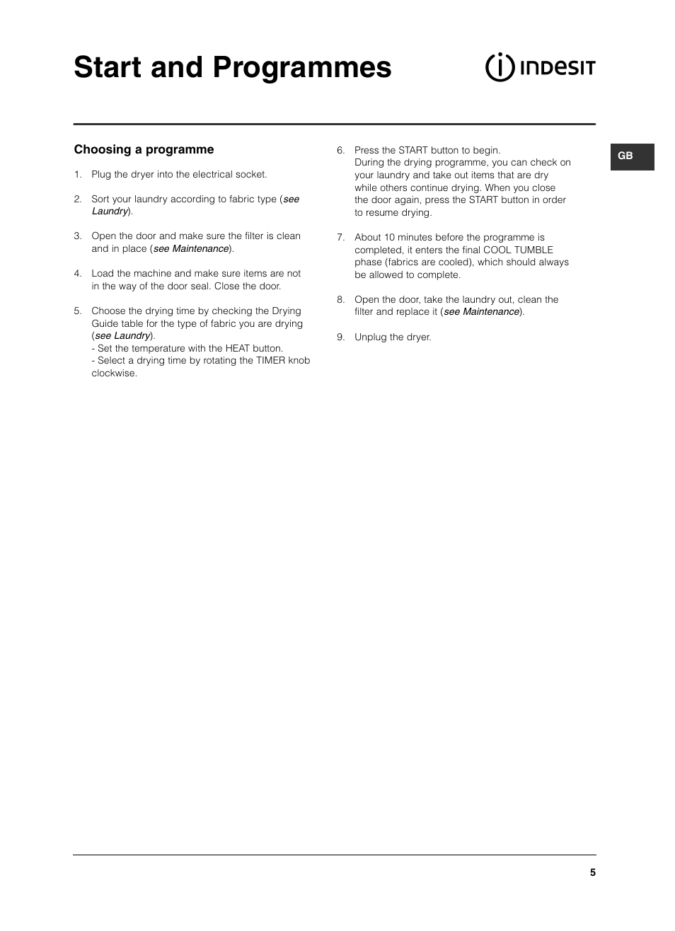 Start and programmes | Indesit IS 60 V User Manual | Page 5 / 80