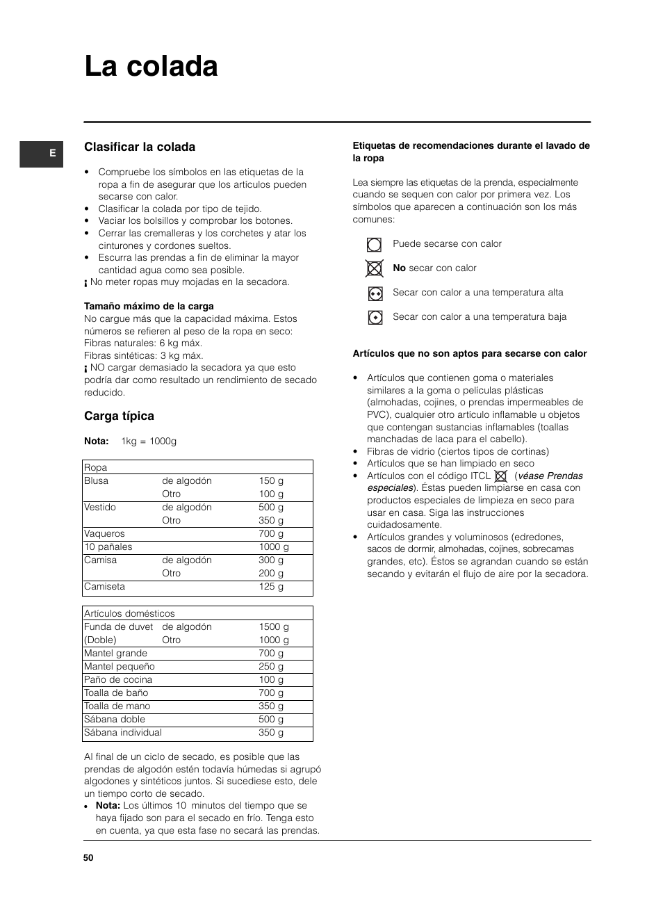 La colada, Clasificar la colada, Carga típica | Indesit IS 60 V User Manual | Page 50 / 80