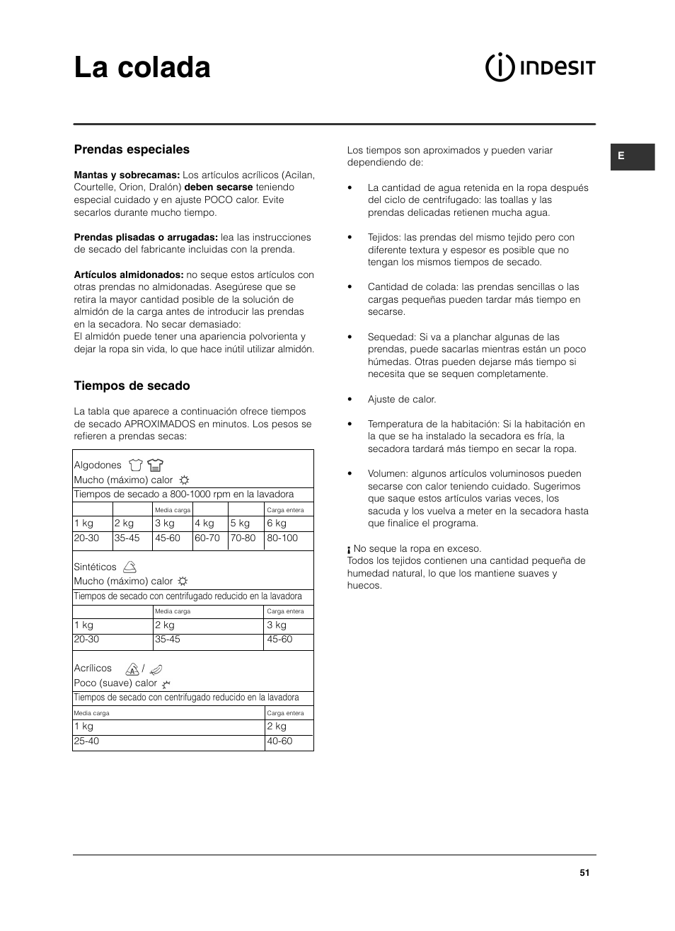 La colada, Prendas especiales, Tiempos de secado | Indesit IS 60 V User Manual | Page 51 / 80