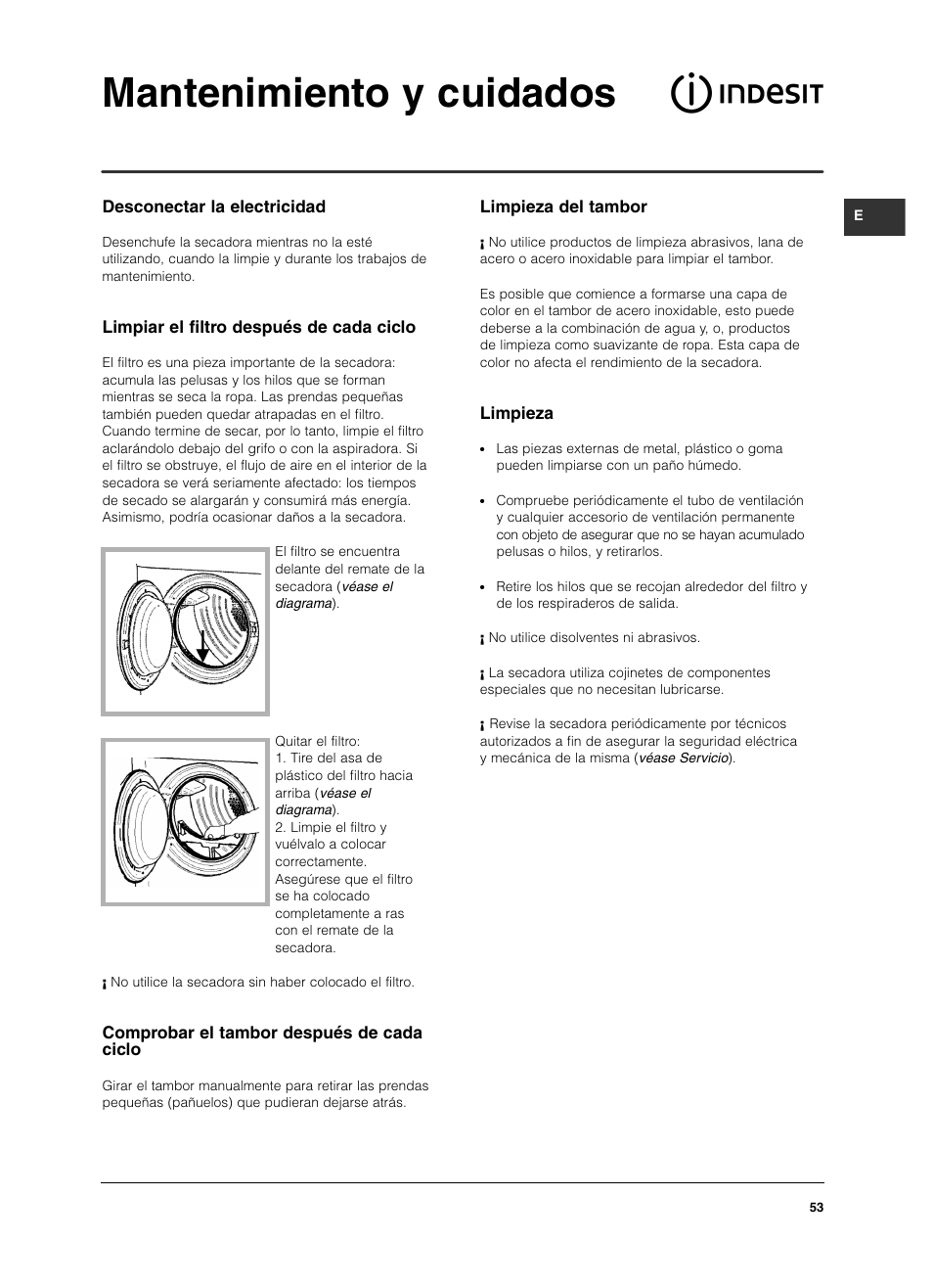 Mantenimiento y cuidados | Indesit IS 60 V User Manual | Page 53 / 80
