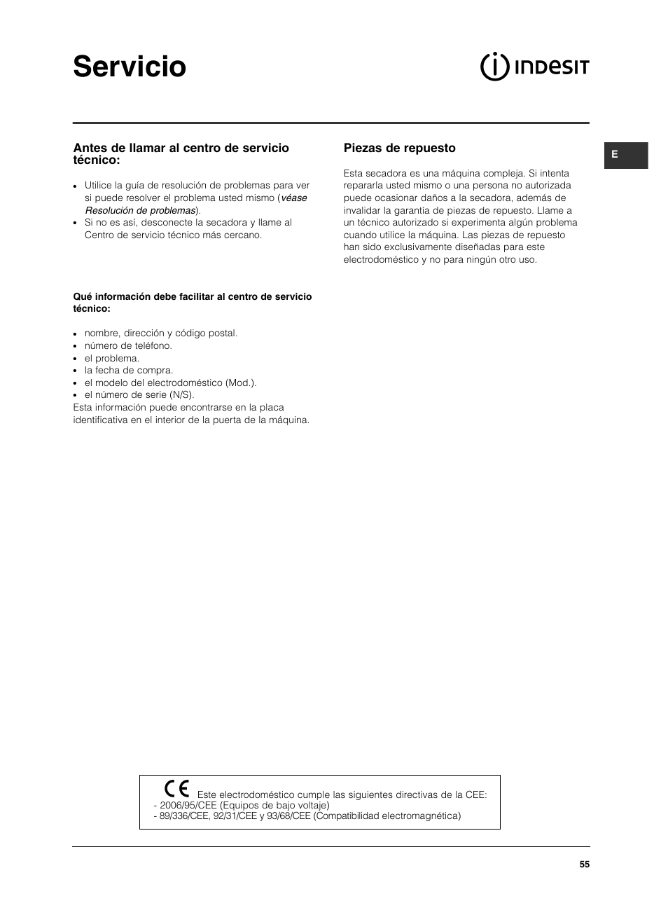 Servicio, Piezas de repuesto, Antes de llamar al centro de servicio técnico | Indesit IS 60 V User Manual | Page 55 / 80