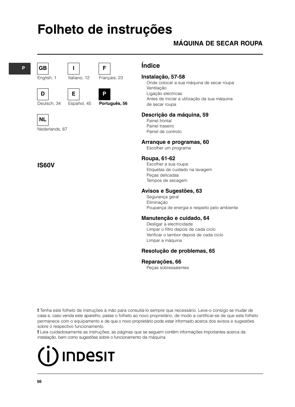 Folheto de instruções, Índice máquina de secar roupa is60v | Indesit IS 60 V User Manual | Page 56 / 80