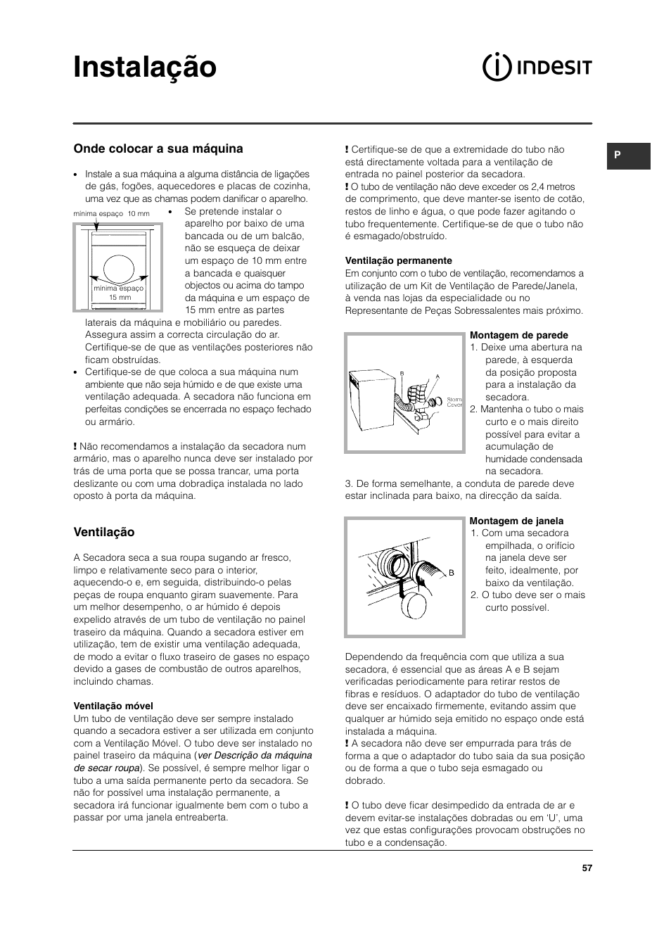 Instalação, Onde colocar a sua máquina, Ventilação | Indesit IS 60 V User Manual | Page 57 / 80