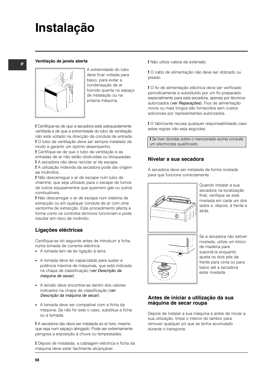 Instalação, Ligações eléctricas, Nivelar a sua secadora | Indesit IS 60 V User Manual | Page 58 / 80