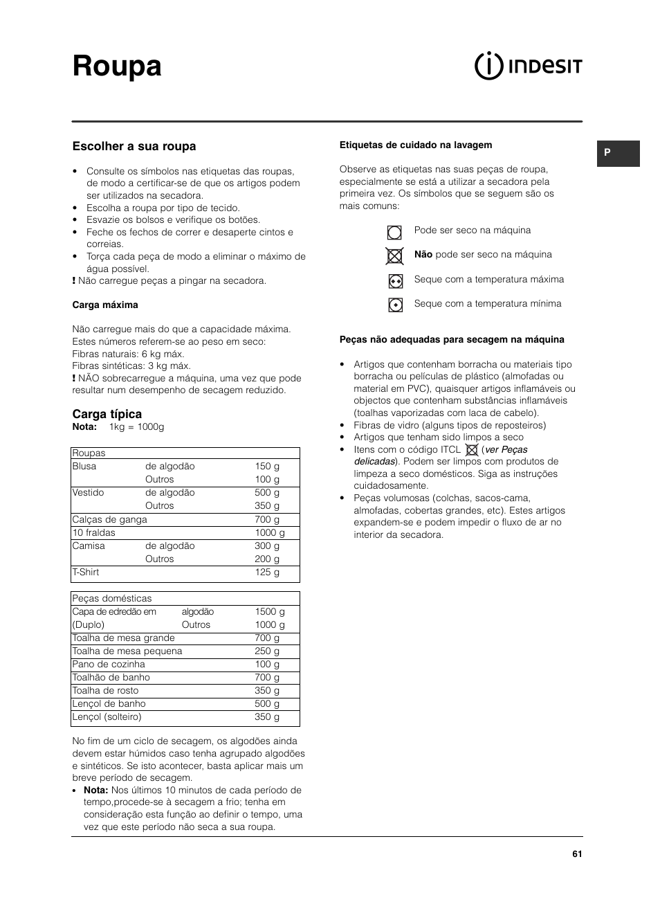 Roupa, Escolher a sua roupa, Carga típica | Indesit IS 60 V User Manual | Page 61 / 80