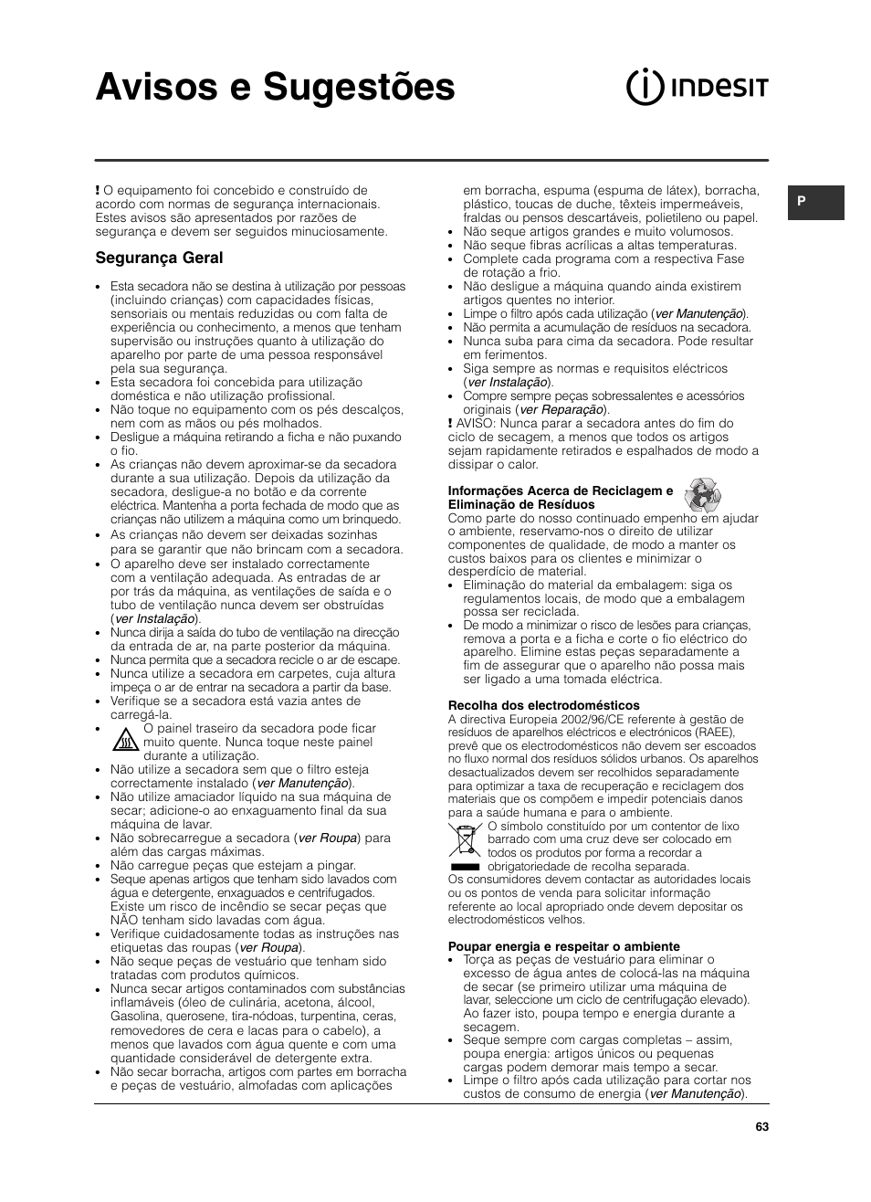 Avisos e sugestões, Segurança geral | Indesit IS 60 V User Manual | Page 63 / 80