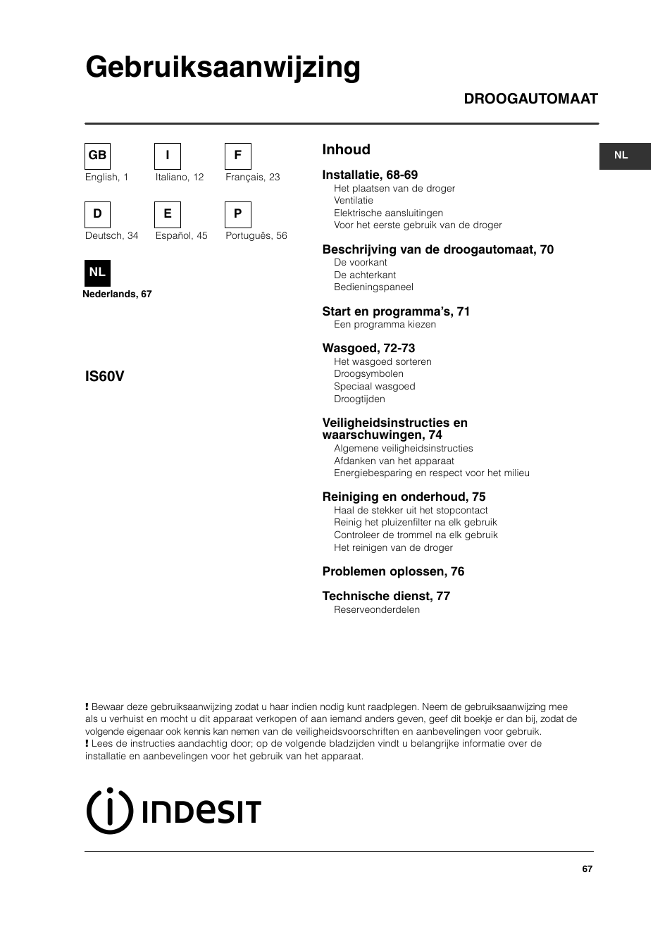 Gebruiksaanwijzing, Inhoud droogautomaat is60v | Indesit IS 60 V User Manual | Page 67 / 80