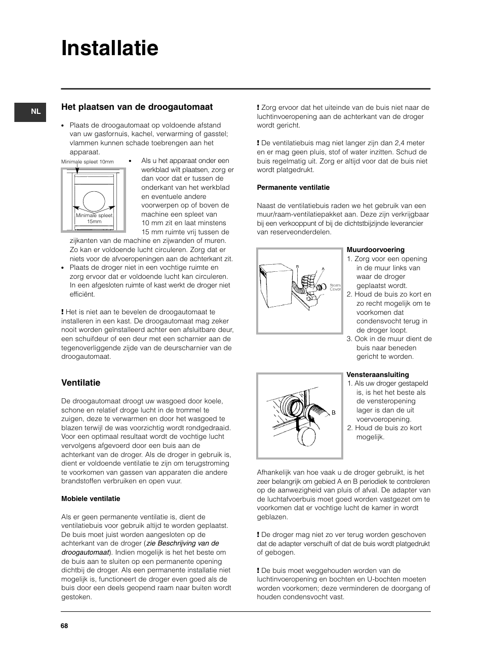 Installatie, Het plaatsen van de droogautomaat, Ventilatie | Indesit IS 60 V User Manual | Page 68 / 80