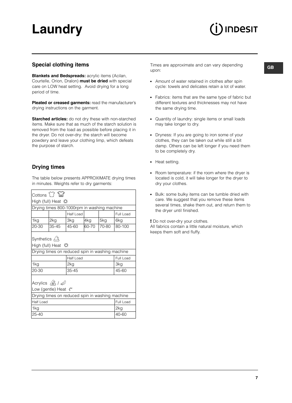 Laundry, Special clothing items, Drying times | Indesit IS 60 V User Manual | Page 7 / 80
