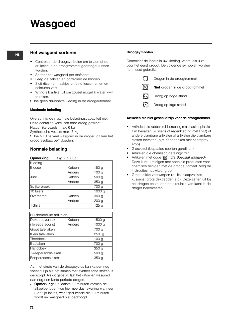 Wasgoed, Het wasgoed sorteren, Normale belading | Indesit IS 60 V User Manual | Page 72 / 80