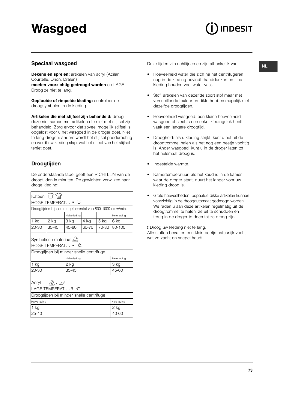 Wasgoed, Speciaal wasgoed, Droogtijden | Indesit IS 60 V User Manual | Page 73 / 80