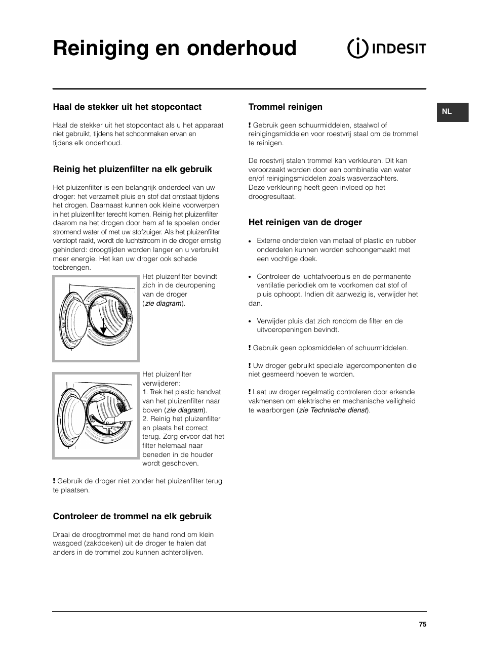 Reiniging en onderhoud | Indesit IS 60 V User Manual | Page 75 / 80