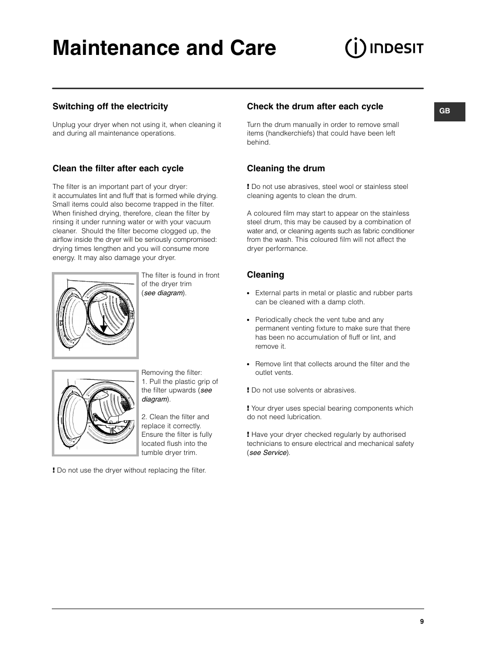 Maintenance and care | Indesit IS 60 V User Manual | Page 9 / 80
