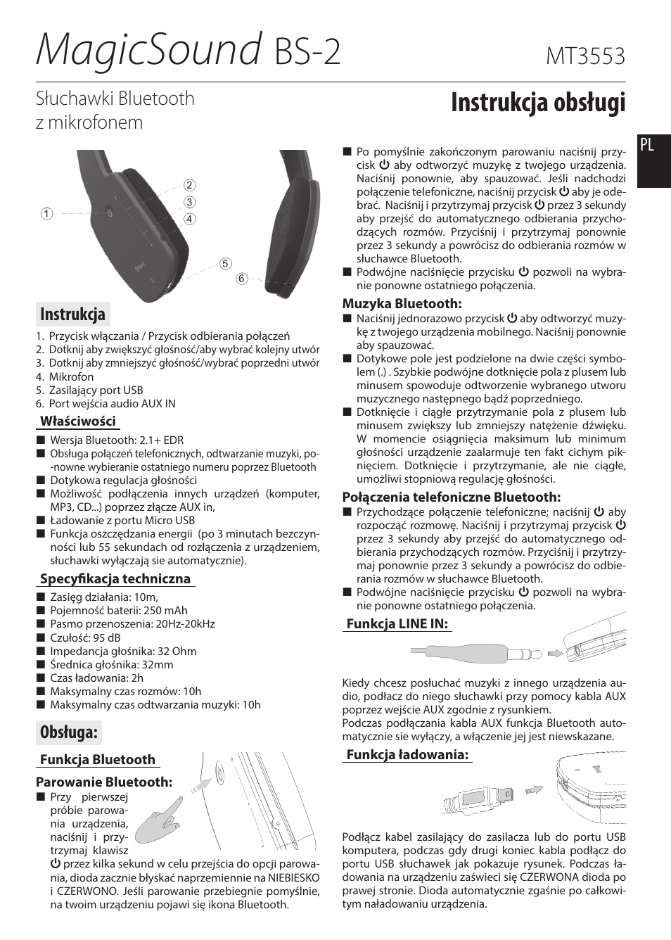 Magicsound, Bs-2, Instrukcja obsługi | Mt3553, Słuchawki bluetooth z mikrofonem, Obsługa, Instrukcja | Media-Tech MAGICSOUND BS-2 Bluetooth Headsets with microphone, Li-Poly battery, touch panel for media control, User Manual | Page 2 / 5