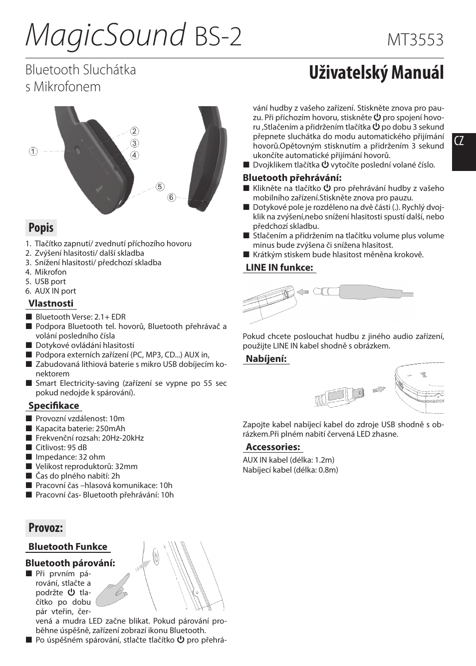 Magicsound, Bs-2, Uživatelský manuál | Mt3553, Bluetooth sluchátka s mikrofonem, Provoz, Popis | Media-Tech MAGICSOUND BS-2 Bluetooth Headsets with microphone, Li-Poly battery, touch panel for media control, User Manual | Page 3 / 5