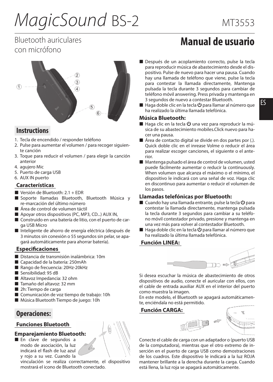 Magicsound, Bs-2, Manual de usuario | Mt3553, Bluetooth auriculares con micrófono, Operaciones, Instructions | Media-Tech MAGICSOUND BS-2 Bluetooth Headsets with microphone, Li-Poly battery, touch panel for media control, User Manual | Page 4 / 5