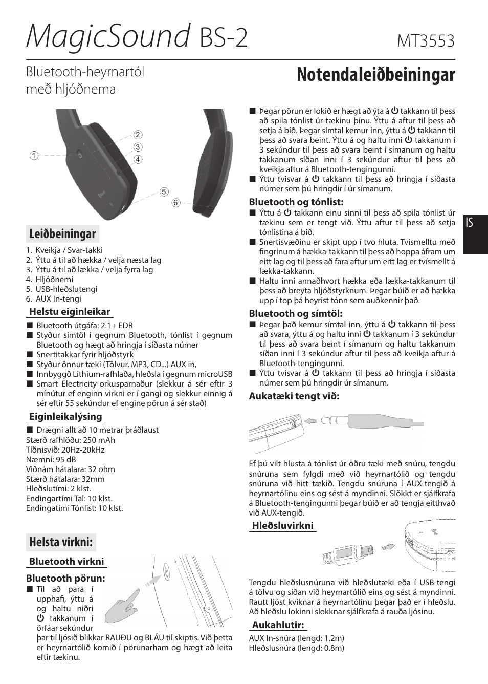 Magicsound, Bs-2, Mt3553 | Bluetooth-heyrnartól með hljóðnema, Helsta virkni, Leiðbeiningar | Media-Tech MAGICSOUND BS-2 Bluetooth Headsets with microphone, Li-Poly battery, touch panel for media control, User Manual | Page 5 / 5