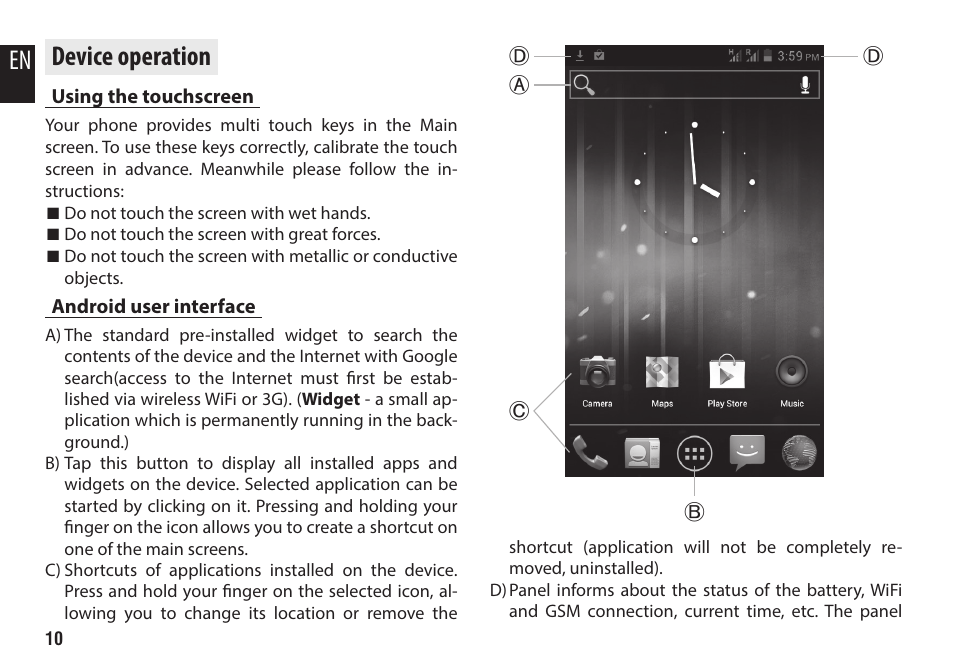 Device operation, Using the touchscreen, Android user interface | Media-Tech IMPERIUS 4.3HQ User Manual | Page 10 / 20